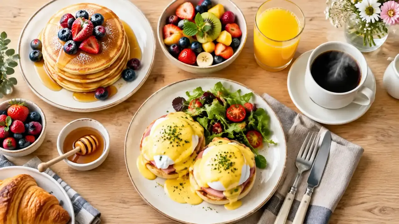 Table de brunch avec œufs, pancakes et fruits