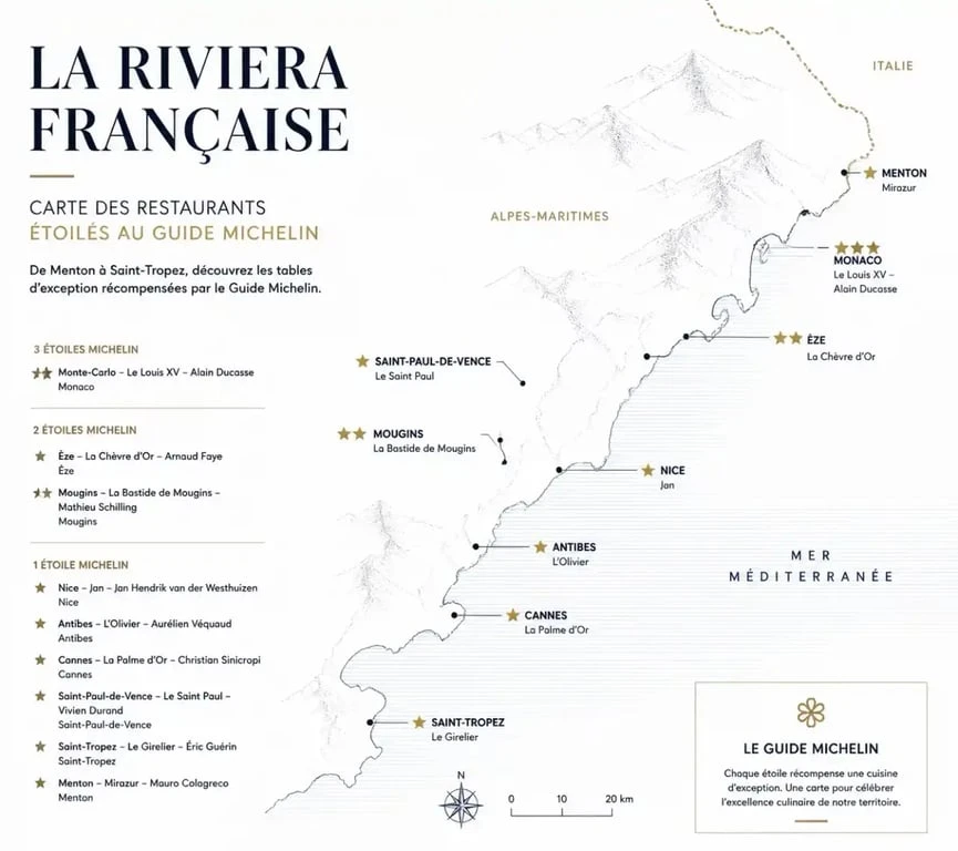 Carte des restaurants étoilés Michelin sur la Côte d'Azur
