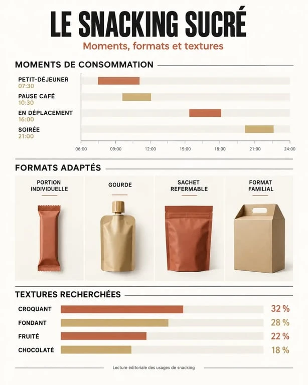 Infographie sur les formats et moments de consommation du snacking sucré