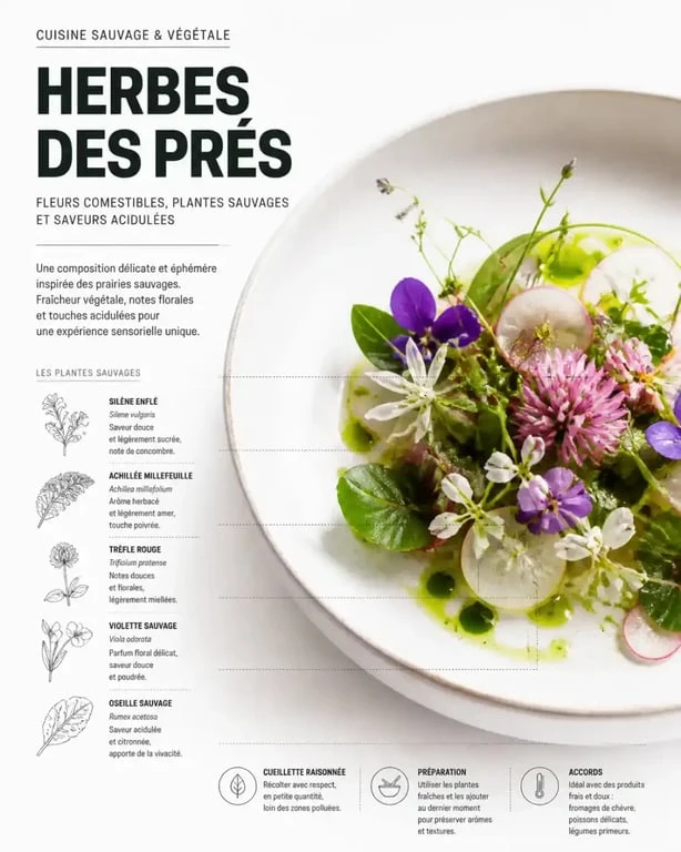 Plat gastronomique aux plantes sauvages, spécialité de restaurant gastronomique à Rodez