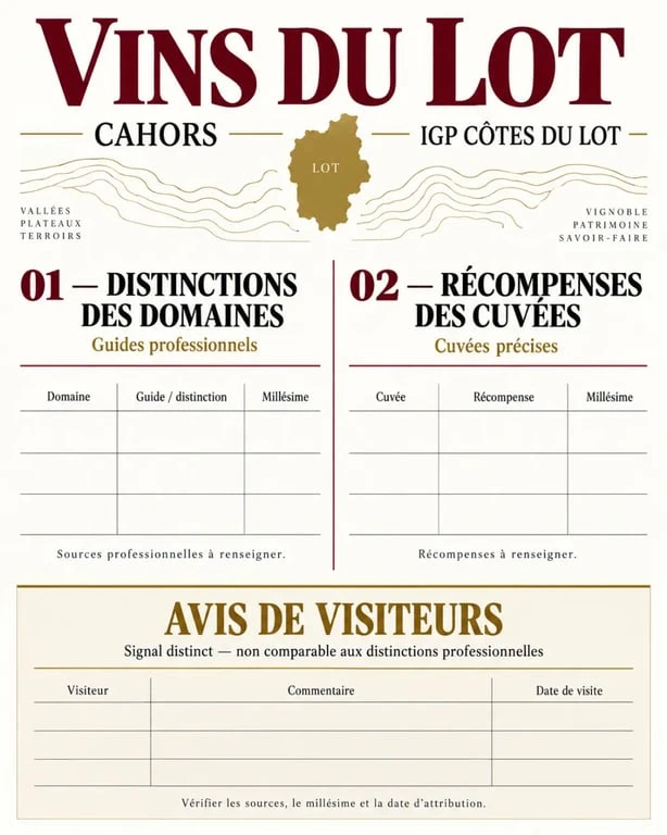 Infographie comparative des meilleurs vins du Lot, entre distinctions professionnelles, cuvées de Cahors et IGP Côtes du Lot