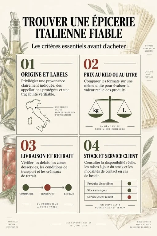 Infographie pour savoir où trouver une épicerie italienne fiable et comparer les critères essentiels