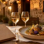 Restaurant gastronomique rodez aveyron : table gastronomique en Aveyron, vue golden hour