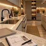 Cuisine haute de gamme : agencement épuré, plan de travail quartz et îlot beige