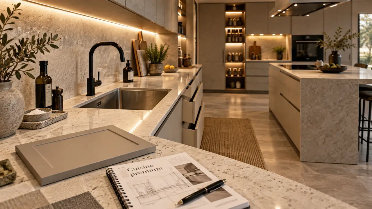 Cuisine haute de gamme : agencement épuré, plan de travail quartz et îlot beige