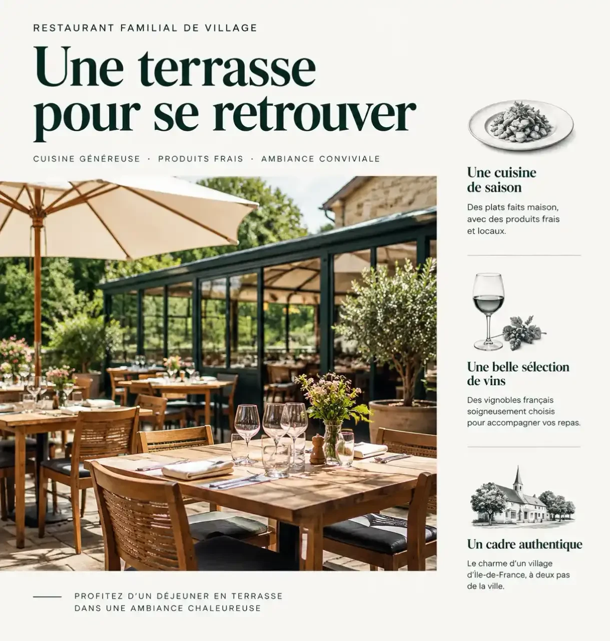 Terrasse et véranda d'un restaurant à Fosses dans le Val-d'Oise, tables dressées pour un repas convivial