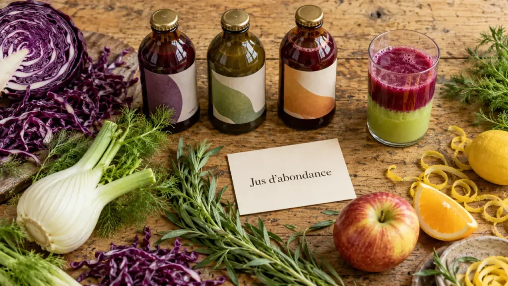 Les jus d abondance près de Gray : jus chou rouge et estragon, bouteilles et herbes fraîches