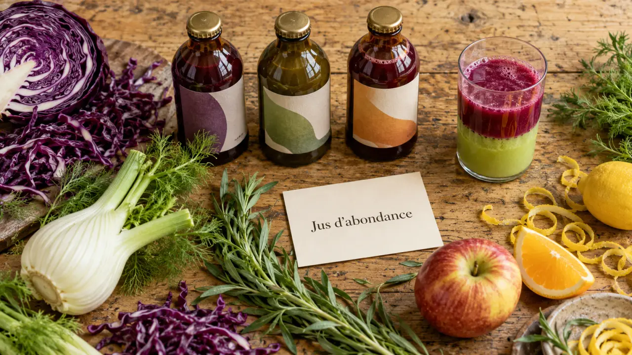 Les jus d abondance près de Gray : jus chou rouge et estragon, bouteilles et herbes fraîches