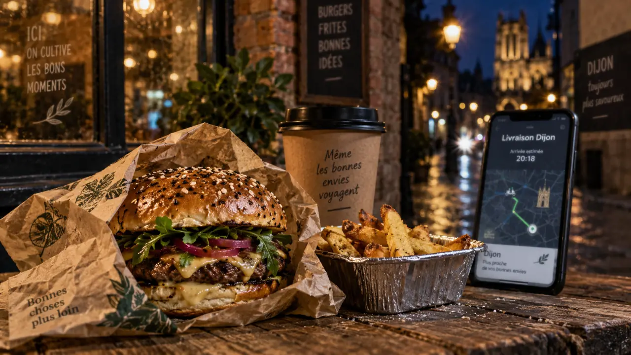 Livraison street food dijon : burger, frites et carte de livraison sur smartphone