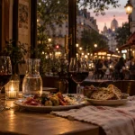 Restaurant rue des plantes : table en bois, tapas et vin en terrasse